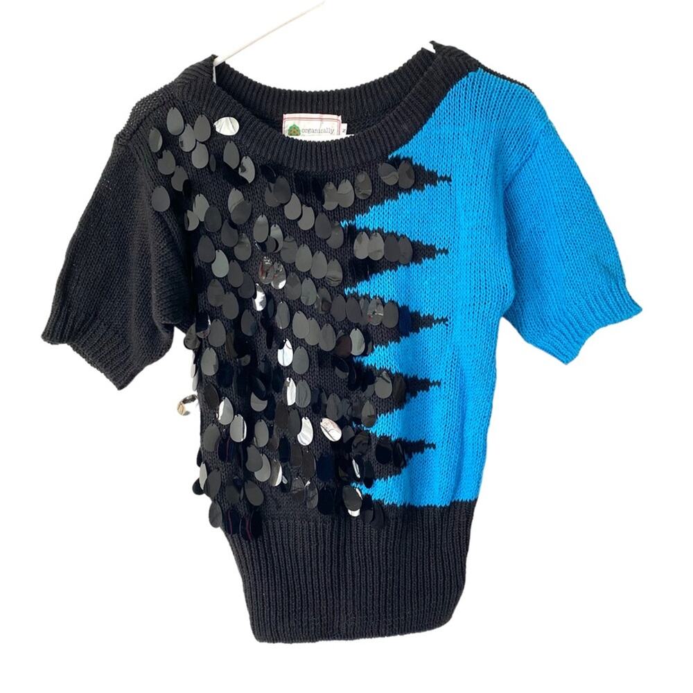 Organically Grown Vintage Black Sequin Turquoise Color Block Sweater Small